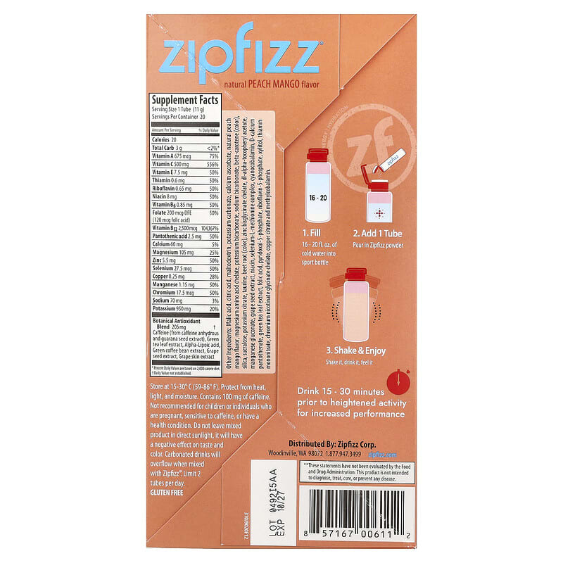 Energy Drink Mix, Peach Mango, 20 Tubes, 0.39 oz (11 g) Each