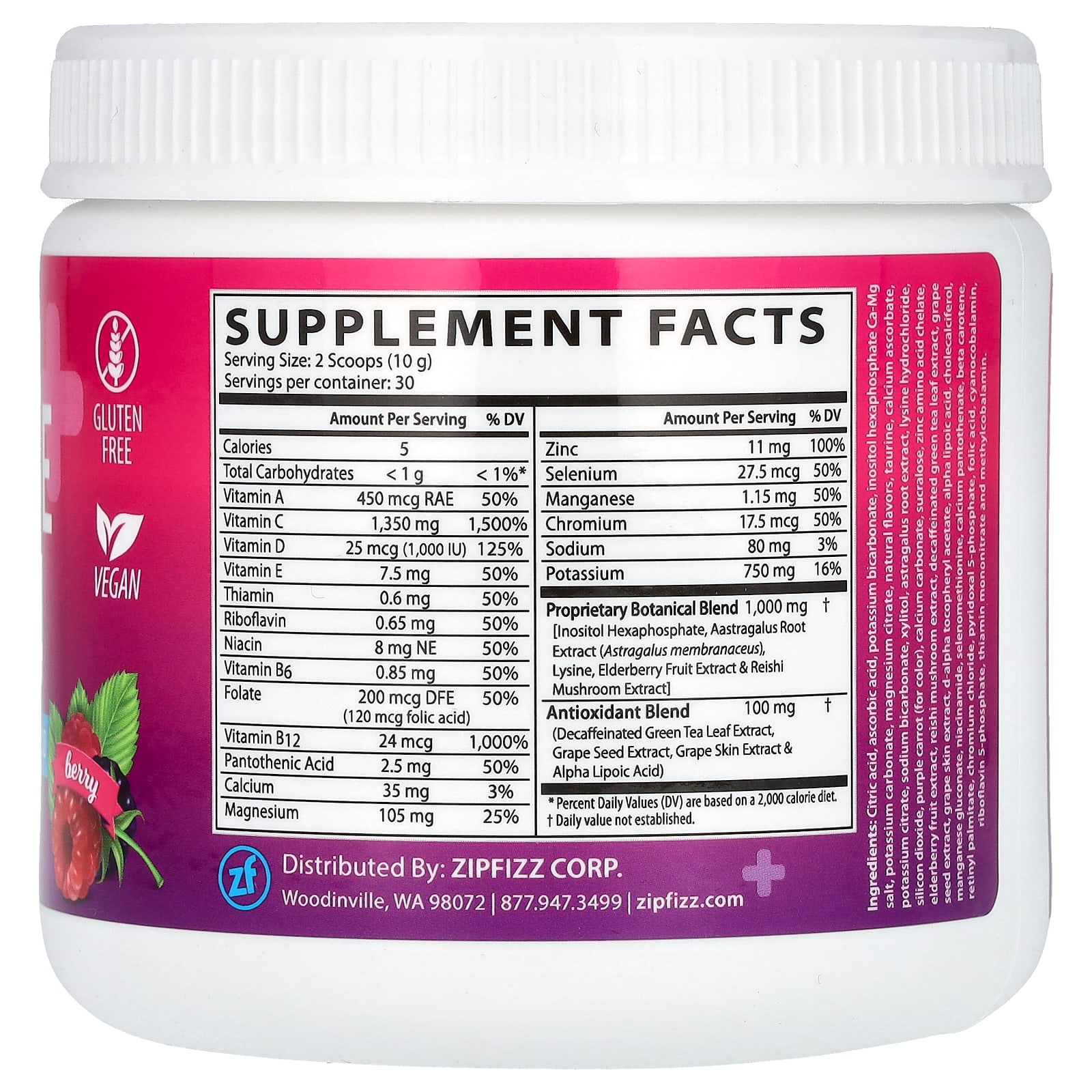 Zipfizz, Immune Health, Caffeine Free, Berry, 10.58 oz (300 g)