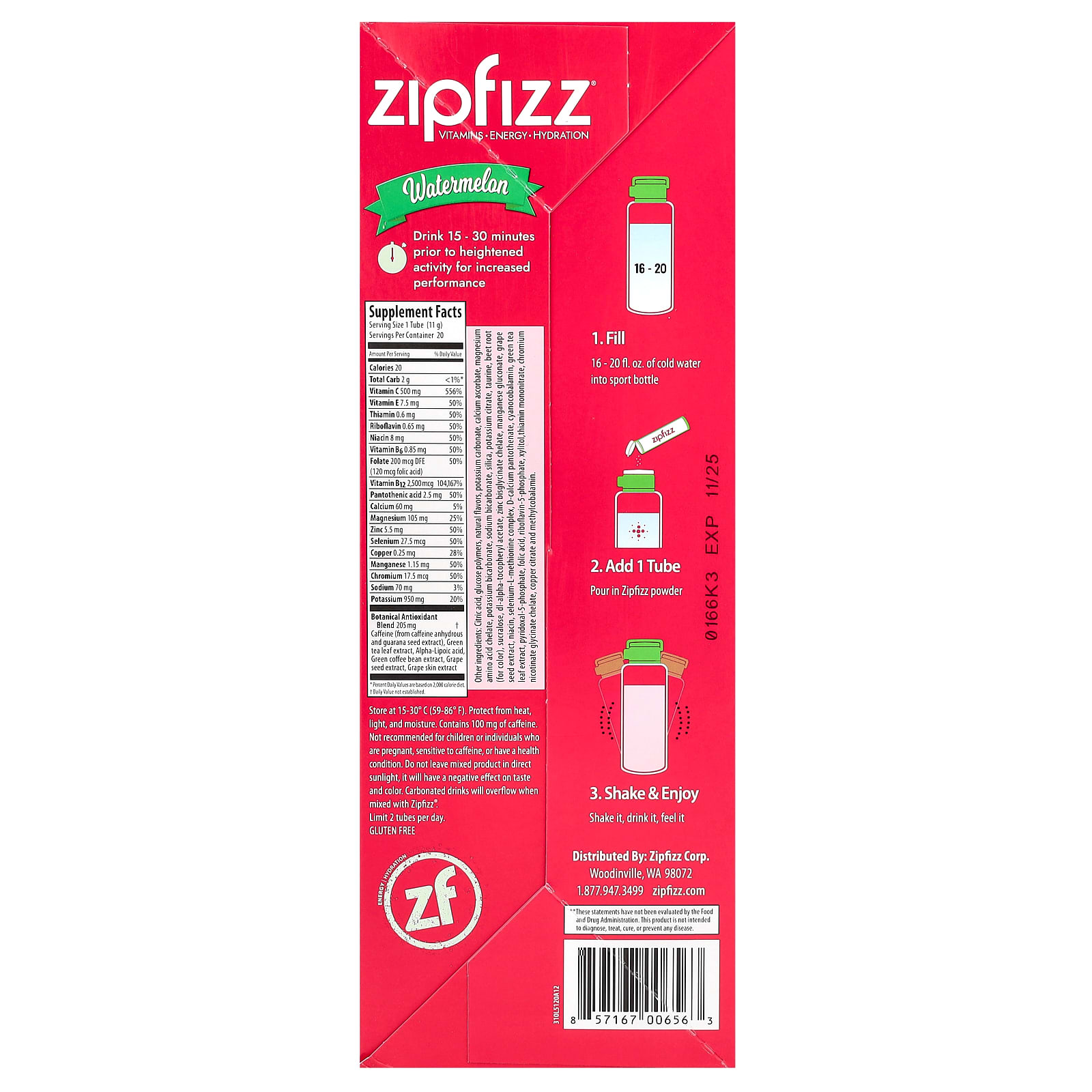 Zipfizz, Watermelon , 20 Tubes, 0.39 oz (11 g) Each