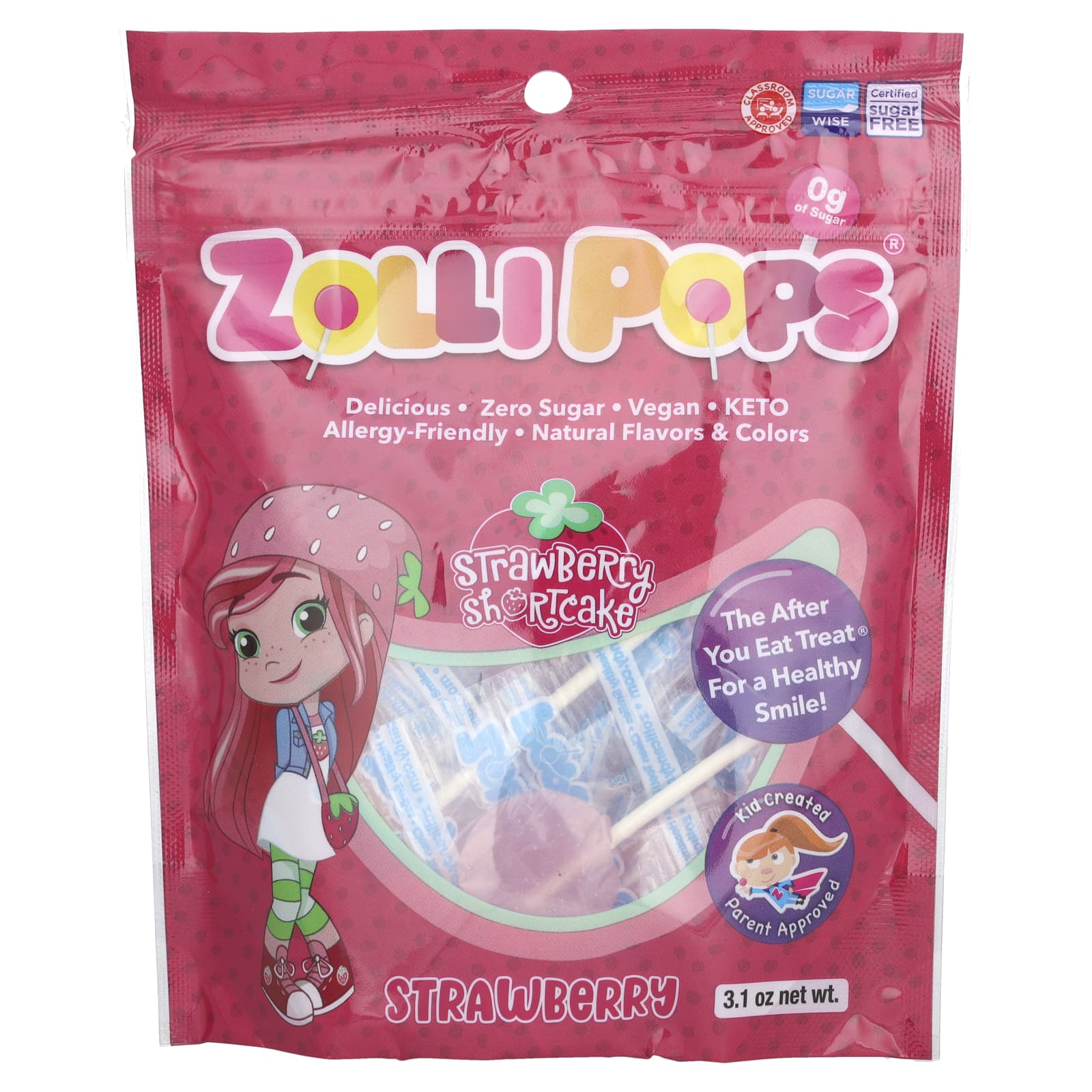 Zollipops, The Clean Teeth Pops, ZolliPops, леденцы с клубничным вкусом, 15  шт., 88 г (3,1