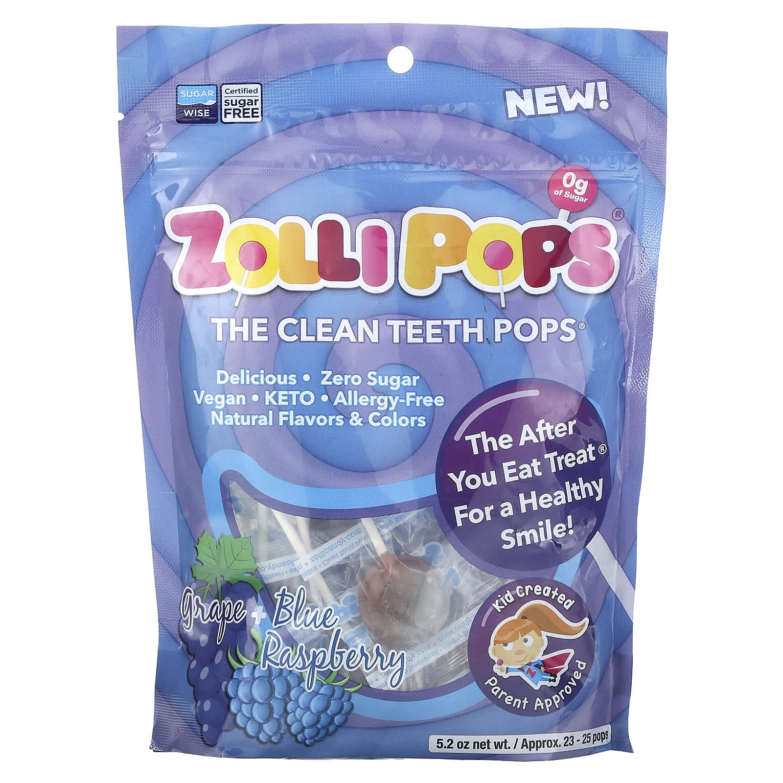 Zollipops, クリーンティースポップ、グレープ＋ブルーラズベリー、約380ml 23～25個入り、5.2オンス