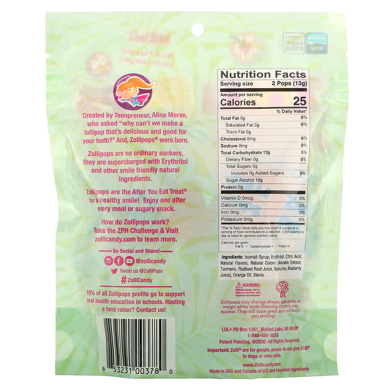 Zollipops, The Clean Teeth Pops, Tropical Fruit Flavors, 3.1 oz