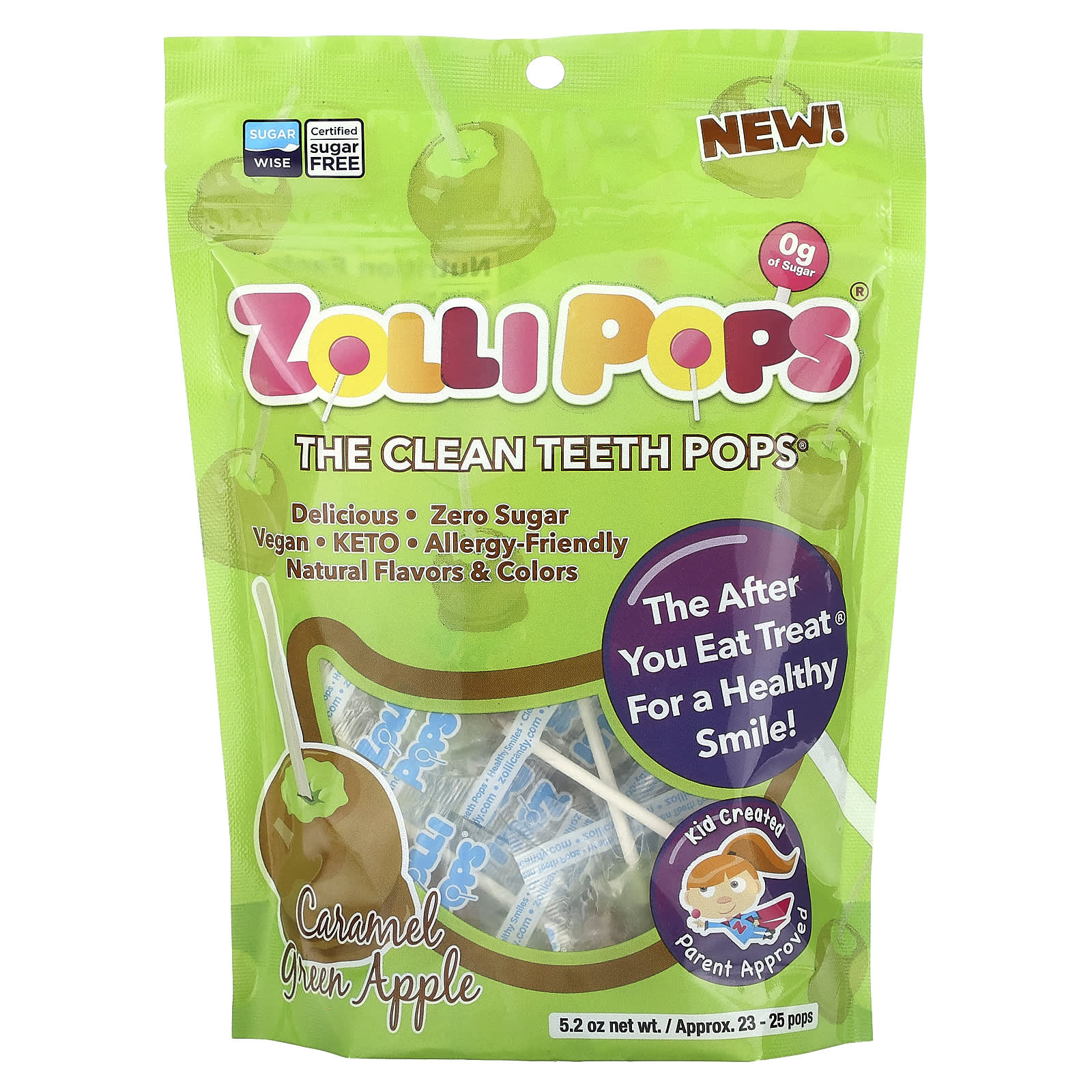 Zollipops, The Clean Teeth Pops, Caramel Green Apple, Approx. 2325