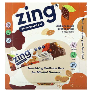 Zing Bars, Barre à base de plantes, Chocolat noir au beurre de cacahuète et au beurre de cacahuète, 12 barres, 50 g chacune