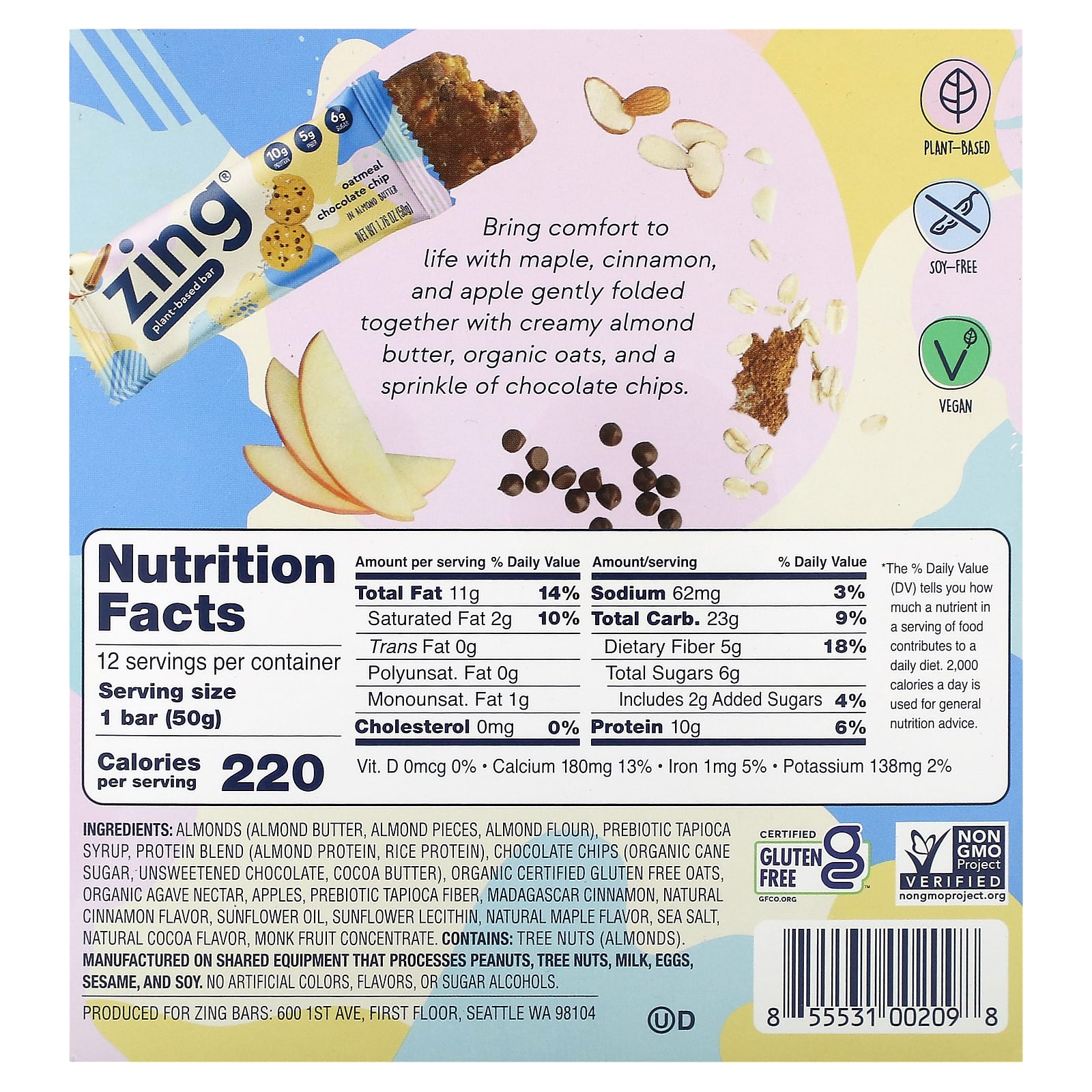 Zing Bars, PlantBased Bar, Oatmeal Chocolate Chip In Almond Butter, 12