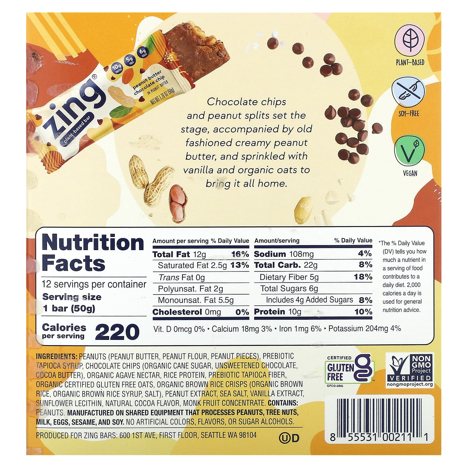 Zing Bars, PlantBased Bar, Peanut Butter Chocolate Chip In Peanut