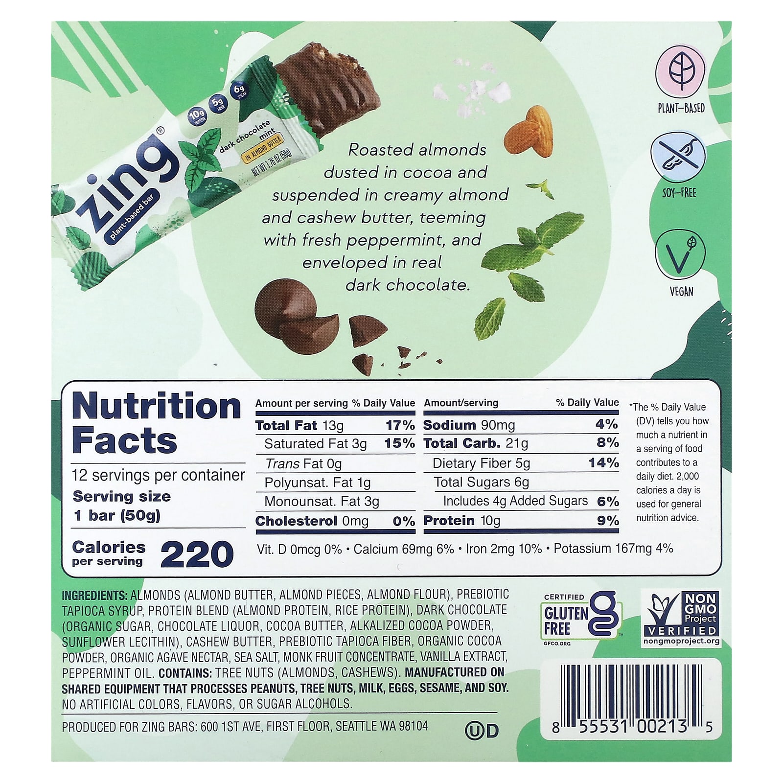 Zing Bars, PlantBased Bar, Dark Chocolate Mint In Almond Butter, 12