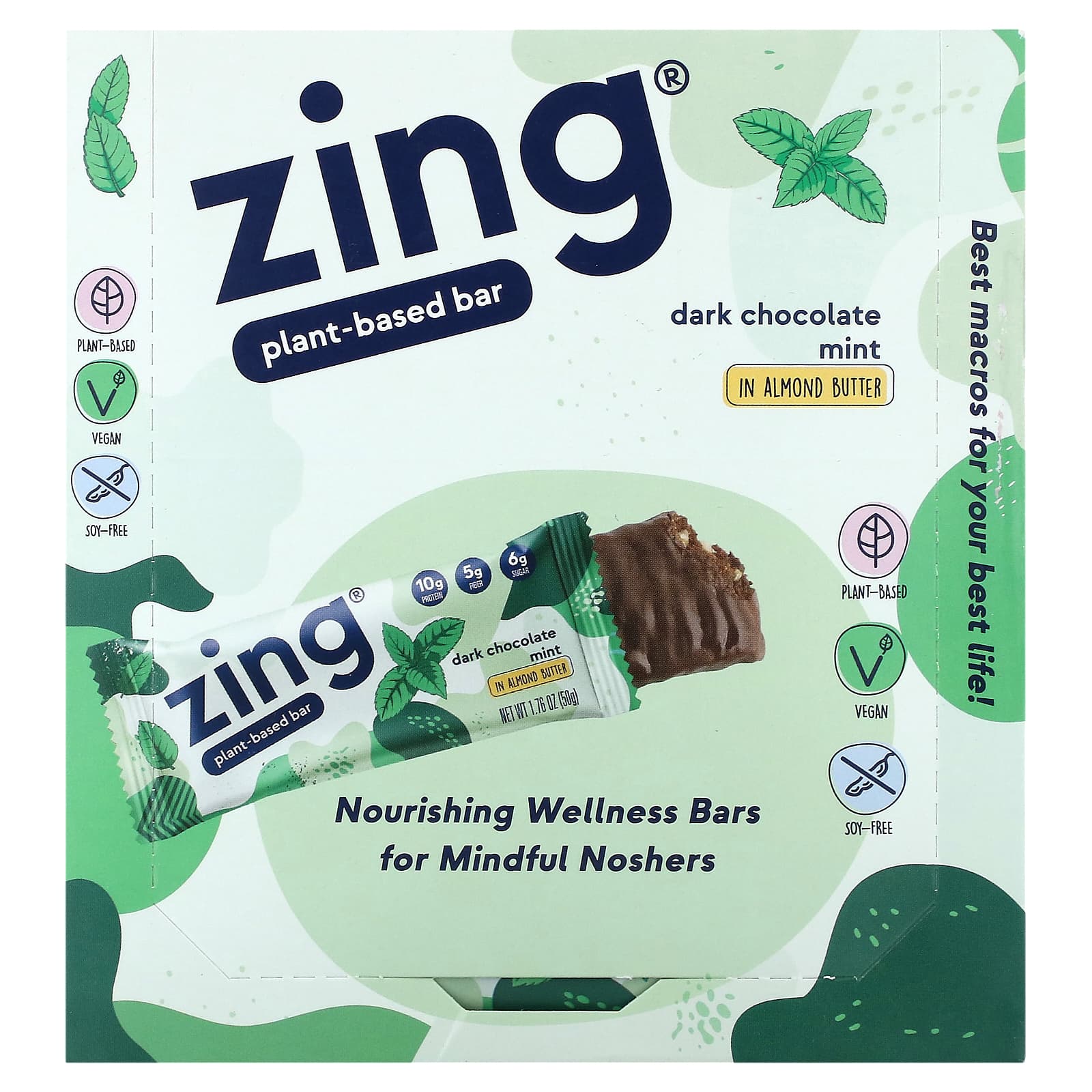 Zing Bars, PlantBased Bar, Dark Chocolate Mint In Almond Butter, 12