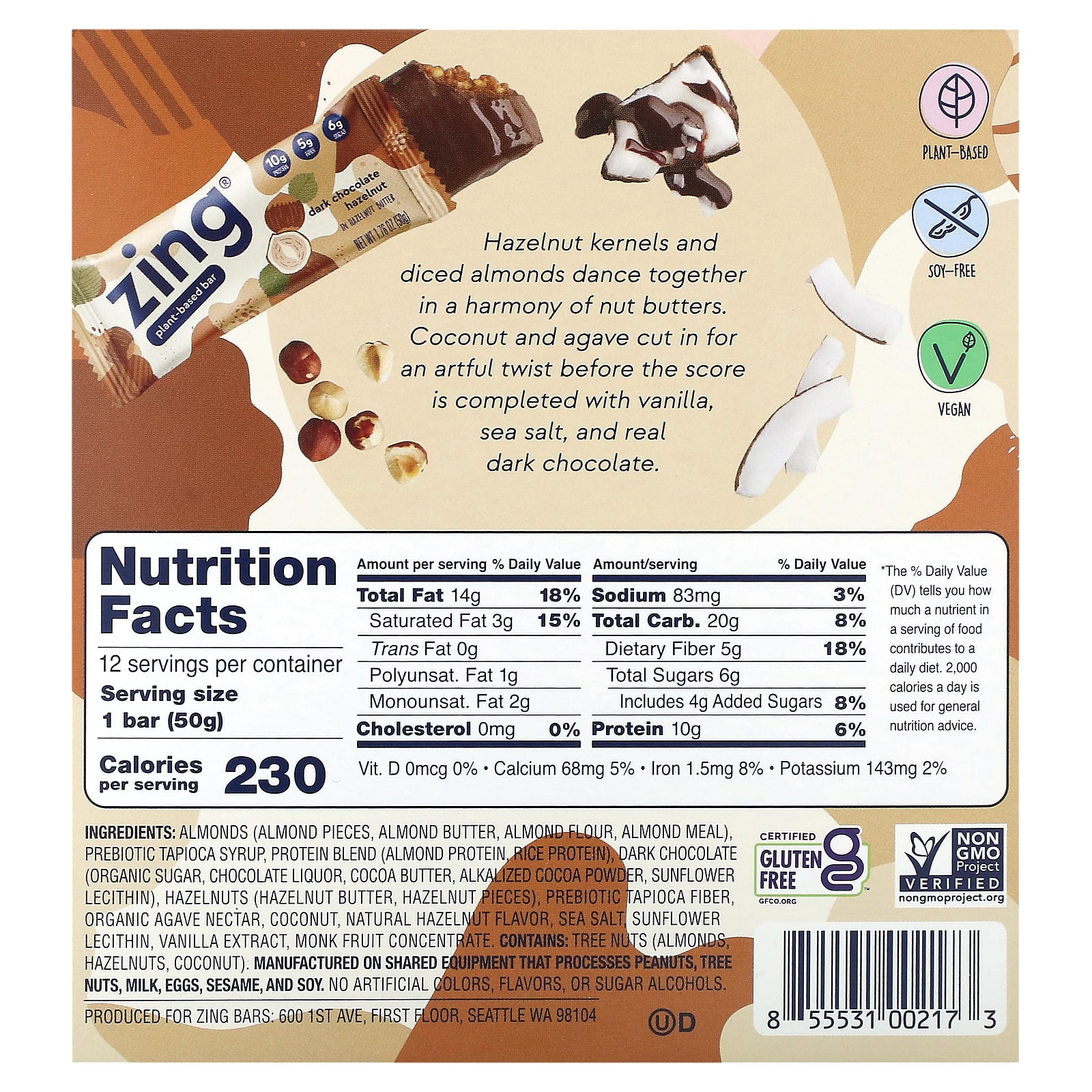 Zing Bars, PlantBased Bar, Dark Chocolate Hazelnut In Hazelnut Butter