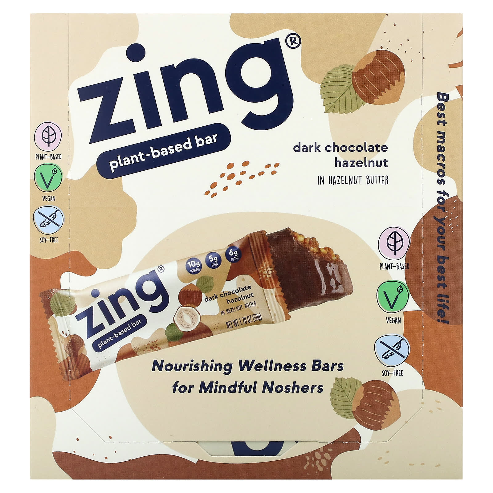 Zing Bars, PlantBased Bar, Dark Chocolate Hazelnut In Hazelnut Butter
