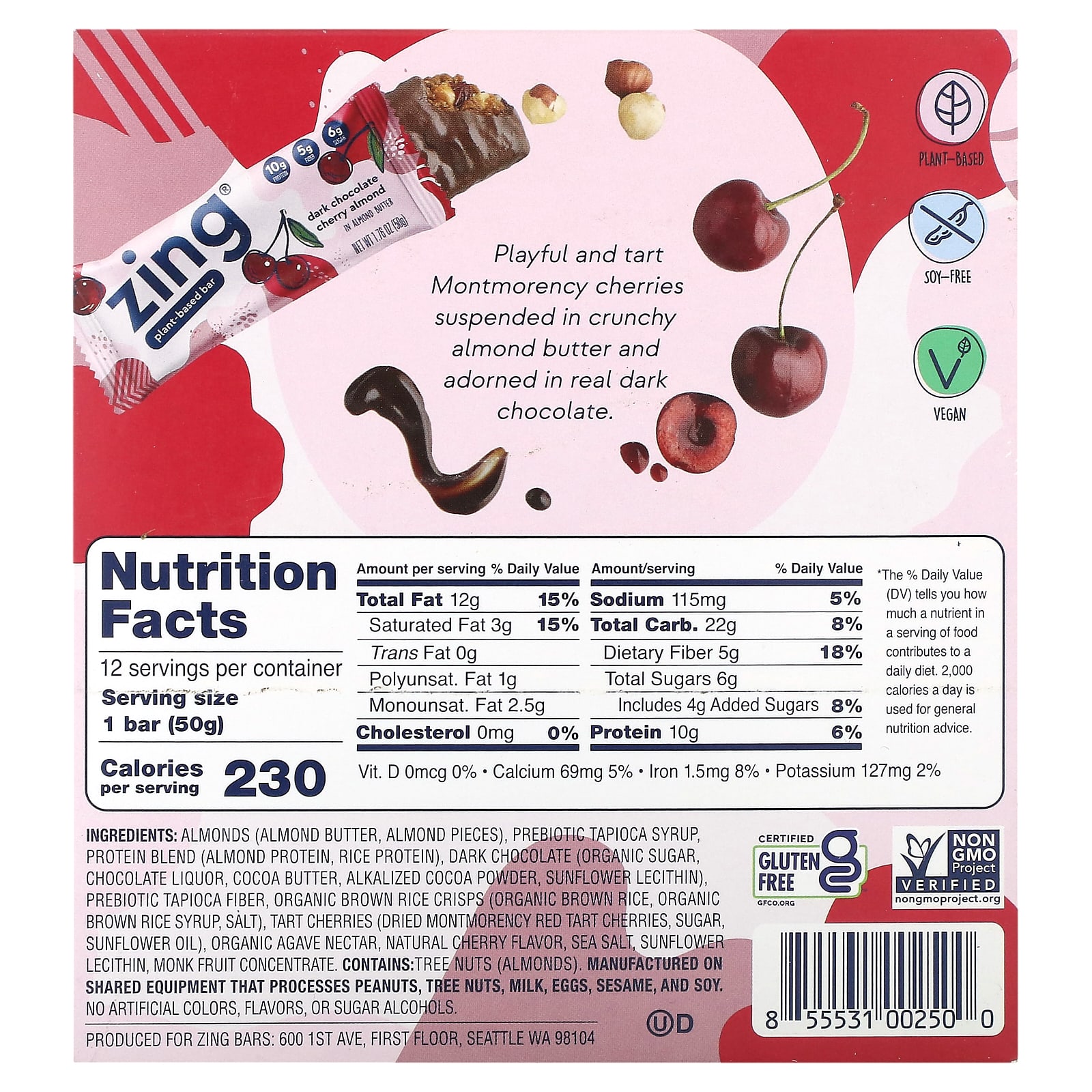 Zing Bars, Plant-Based Bar, Dark Chocolate Hazelnut In Hazelnut Butter 12 Bars 1 76 Oz 50 G Each