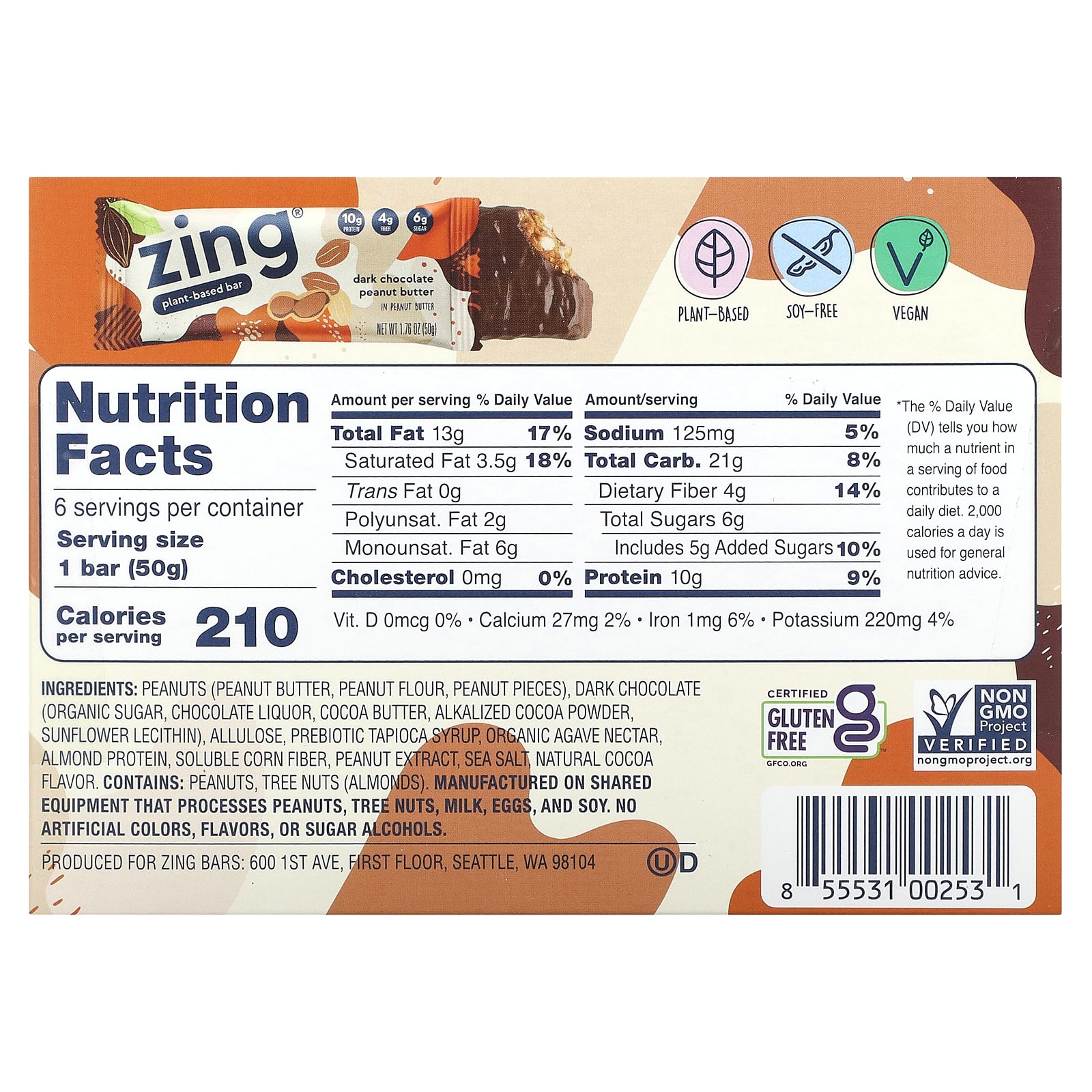 Zing Bars, PlantBased Bar, Dark Chocolate Peanut Butter in Peanut