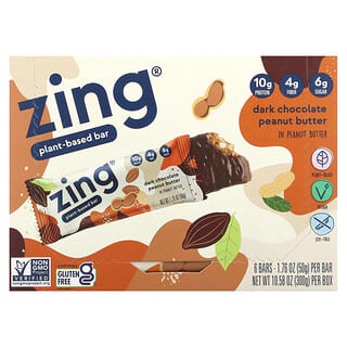Zing Bars, Barre végétale, Chocolat noir au beurre de cacahuète et au beurre de cacahuète, 6 barres de 50 g chacune