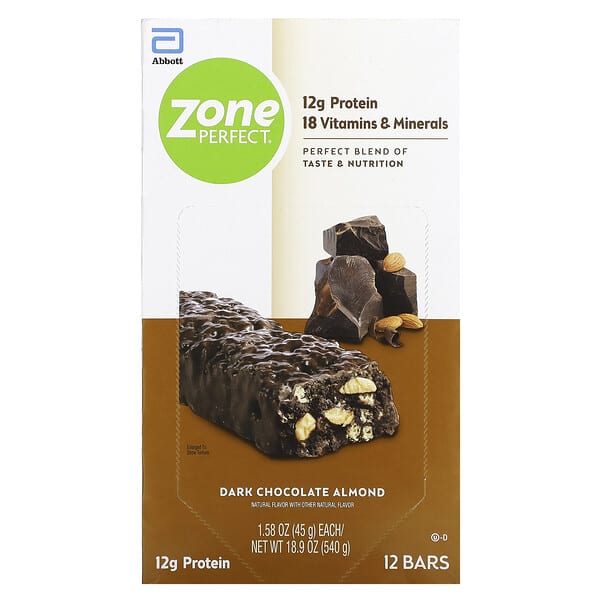 ZonePerfect, Питательные батончики, темный шоколад с миндалем, 12 батончиков, весом 45 г (1,58 унции) каждый