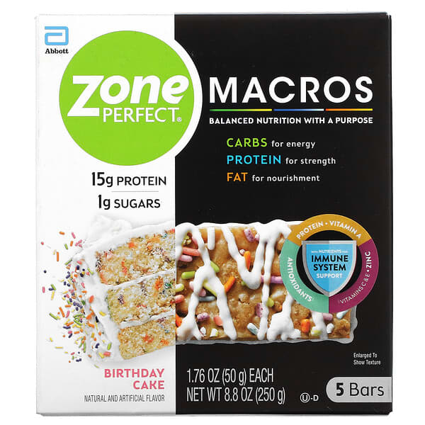 ZonePerfect, MACROS Bars, Birthday Cake, 5 Bars, 1.76 oz (50 g) Each