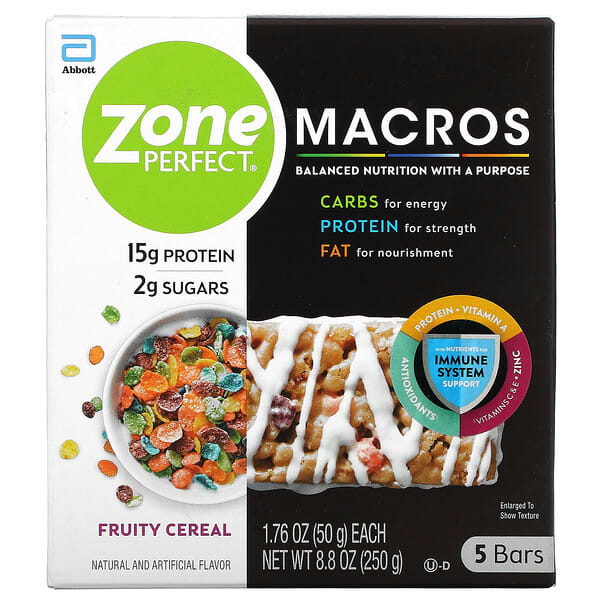 ZonePerfect‏, MACROS Bars, Fruity Cereal, 5 Bars, 1.76 oz (50 g) Each