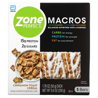 ZonePerfect, Barras MACROS, Cereal tostado con canela, 5 barras, 50 g (1,76 oz) cada una