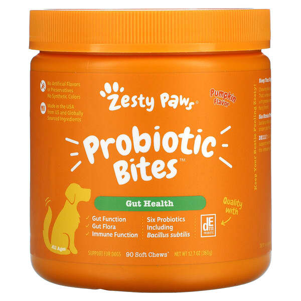 Zesty Paws‏, Probiotic Bites לכלבים, לבריאות המעיים, לכל הגילים, בטעם דלעת, 90 חטיפים רכים, 360 גרם (12.7 אונקיות)