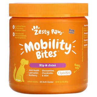 Zesty Paws, Hip and Joint Mobility Bites para perros, Para la cadera y las articulaciones, Todas las edades, Sabor a pato, 90 bocadillos masticables blandos, 360 g (12,7 oz)