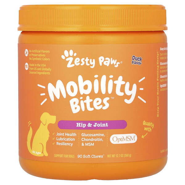 Zesty Paws, Mobility Bites, For Dogs, Hip and Joint, All Ages, Duck, 90 ...
