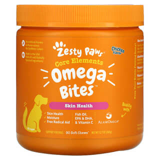 Zesty Paws, لقيمات Omega Bites للكلاب، للعناية بالجلد والفراء، لجميع الأعمار، نكهة الدجاج، 90 قطعة مضغ طرية
