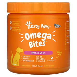 Zesty Paws, 狗用 Omega 零食塊，皮毛，全年齡段，雞肉味，90 顆軟咀嚼片