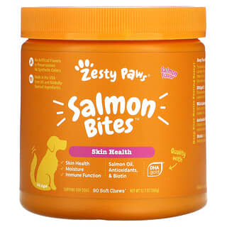 Zesty Paws, Salmon Bites para perros, Piel y pelaje, Todas las edades, Sabor a salmón, 90 bocadillos masticables blandos