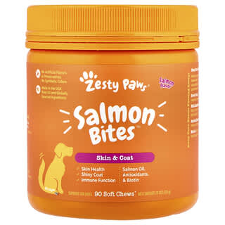 Zesty Paws, Salmon Bites, Bocadillos de salmón, Para perros, Todas las edades, Sabor a salmón, 90 bocadillos masticables blandos, 360 g (12,7 oz)