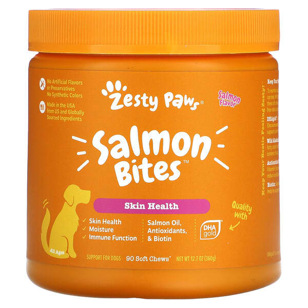 Zesty Paws, Salmon Bites, For Dogs, All Ages, Salmon, 90 Soft Chews, 12 ...