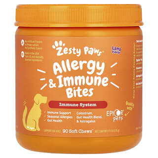 Zesty Paws, Aller-Immune Bites para perros, Todas las edades, Cordero, 90 bocadillos masticables blandos, 315 g (11,1 oz)