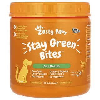 Zesty Paws, Stay Green Bites（ステイグリーンバイツ）犬用、お腹用、全年齢対応、チキン味、ソフトチュアブルサプリメント90粒