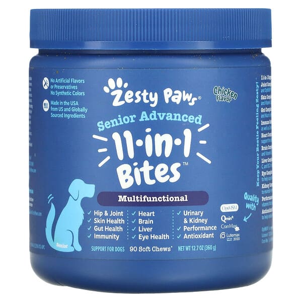 Zesty Paws‏, in 1 Bites‏ 11, חטיפים רב-תכלתיים מתקדמים לכלבים מבוגרים, בטעם עוף, 90 חטיפים לעיסים רכים