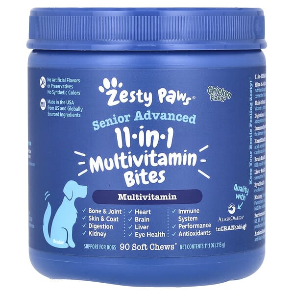 Zesty Paws, Senior Advanced, 11 in 1 Multivitamin Bites, For Dogs, Chicken, 90 Soft Chews, 11.1 oz (315 g)