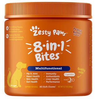 Zesty Paws, 8-in-1 Bites for Dogs, Multifunctional, All Ages, Peanut Butter, 90 Soft Chews, 12.7 oz (360 g)