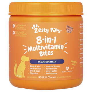 Zesty Paws, 5-in-1 Multivitamin Bites untuk Anjing, Semua Usia, Rasa Selai Kacang, 90 Suplemen Lunak Bentuk Kunyah