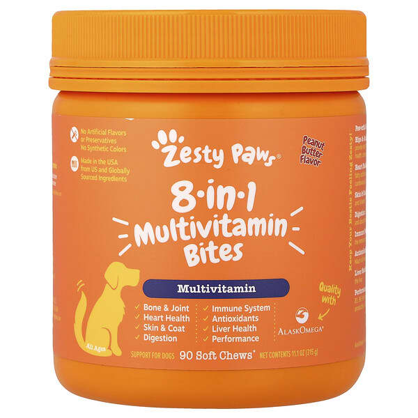 Zesty Paws, 8-in-1 Multivitamin Bites, For Dogs, All Ages, Peanut Butter, 90 Soft Chews, 11.1 oz (315 g) — product photo 1