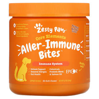 Zesty Paws, Aller-Immune Bites para Cães, Todas as Idades, Sabor de Manteiga de Amendoim, 90 Mastigáveis Suaves