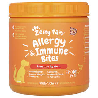 Zesty Paws, Allergy & Immune Bites, Para perros, Todas las edades, Mantequilla de maní, 90 bocadillos masticables blandos, 315 g (11,1 oz)