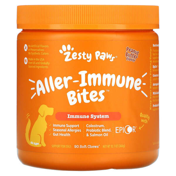 Zesty Paws‏, Aller-Immune Bites for Dogs, All Ages, Peanut Butter Flavor, 90 Soft Chews