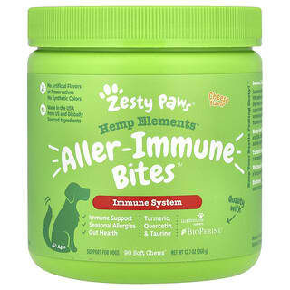 Zesty Paws, Hemp Elements, Aller-Immune Bites, Pour chiens, Tous âges, Fromage, 90 friandises molles à mâcher, 360 g