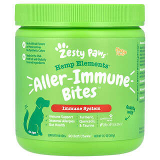 Zesty Paws, Hemp Elements™, Aller-Immune Bites™, Pour chiens, Tous âges, Fromage, 90 friandises molles à mâcher, 360 g