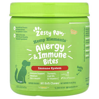 Zesty Paws, Hemp Elements™, Aller-Immune Bites™, Para perros, Todas las edades, Queso, 90 bocadillos masticables blandos, 360 g (12,7 oz)