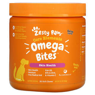 Zesty Paws, 반려견용 Omega Bites, 피부 & 털, 모든 연령에 적합, 베이컨 맛, 소프트츄 90개