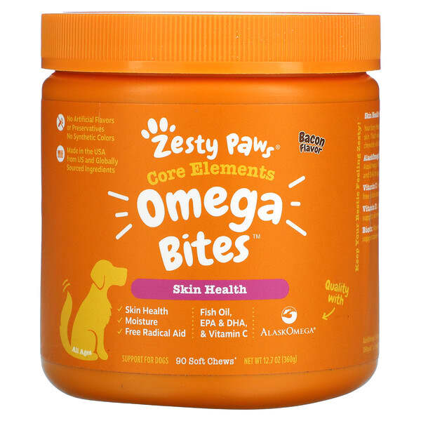 Zesty Paws, Omega Bites For Dogs, Skin Health, All Ages, Bacon, 90 Soft ...