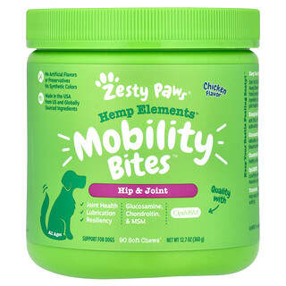 Zesty Paws, Hemp Elements, Mobility Bites, Para perros, Todas las edades, Pollo, 90 bocadillos masticables blandos, 360 g (12,7 oz)