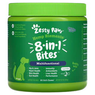 Zesty Paws, Hemp Elements, 8-In-1  Bites for Dogs, Multifunctional, All Ages, Chicken, 90 Soft Chews, 12.7 oz (360 g)