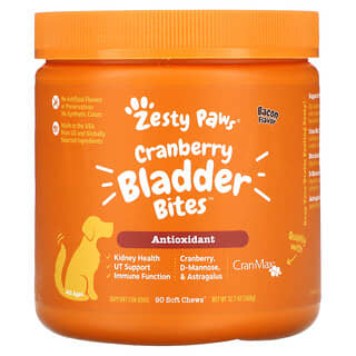 Zesty Paws, 狗用蔓越莓膀胱零食，抵禦氧化自由基成分，全年齡段，培根味，90 塊軟咀嚼塊