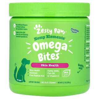 Zesty Paws, Hemp Elements, Omega Bites, Para Cães, Todas as Idades, Frango, 90 Cápsulas Mastigáveis, 360 g (12,7 oz)