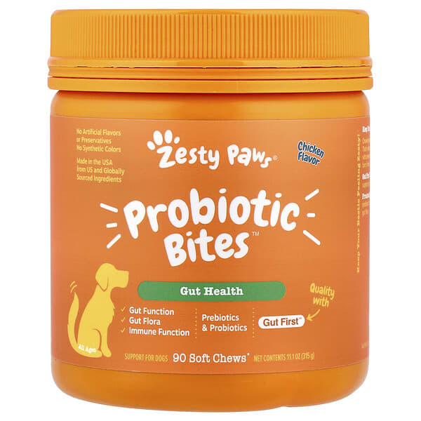 Zesty Paws, Probiotic Bites™ สำหรับสุนัขทุกวัย รสไก่ บรรจุเม็ดเคี้ยวแบบนิ่ม 90 เม็ด ขนาด 11.1 ออนซ์ 