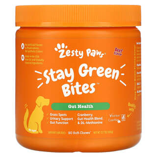 Zesty Paws, Bocaditos Stay Green para perros, Digestión, Todas las edades, Sabor a carne de res, 90 comprimidos masticables blandos